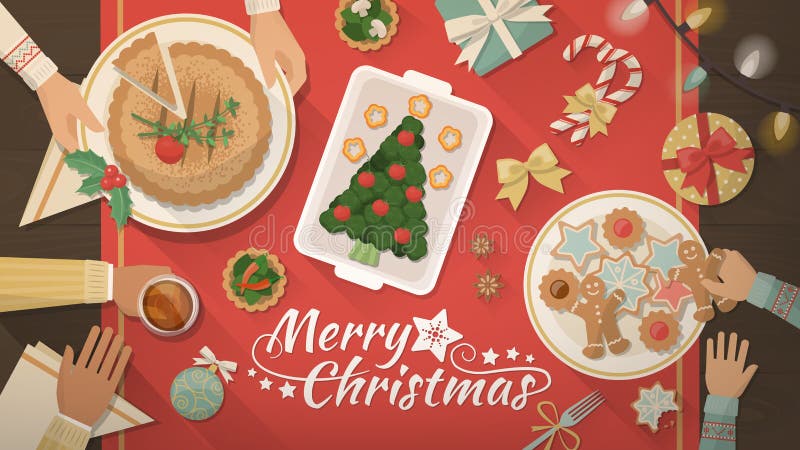 Family celebrating Christmas at home and eating together, table top view, flat lay