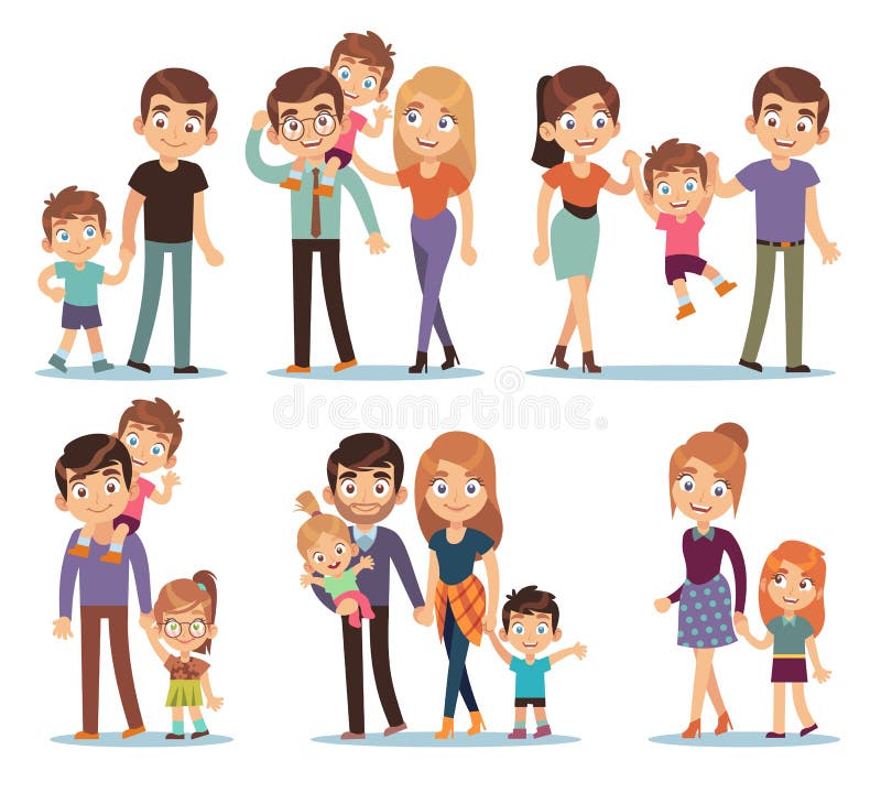 Family characters. Happy traditional families people relationship mother father kids grandma grandpa pet colorful royalty free illustration Family characters. Happy traditional families people relationship mother father kids grandma grandpa pet colorful royalty free illustration