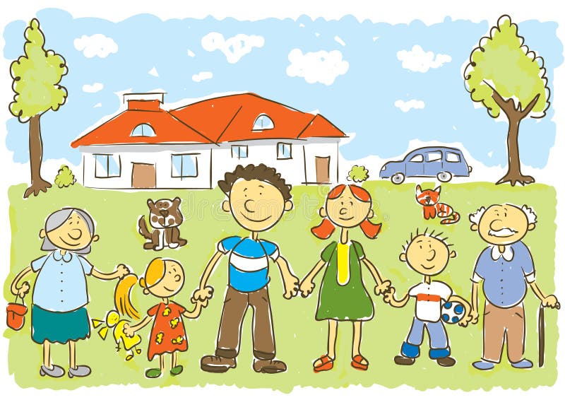 Child's hand drawing vector illustration on happy family in front of their house. Additional format vector format EPS8. Additional format vector vectors