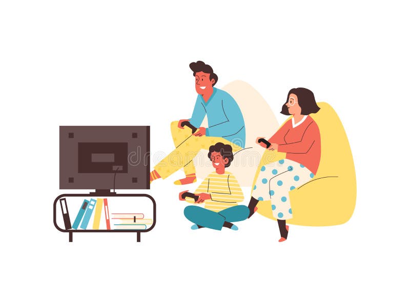 Family with children playing video games, cartoon flat vector illustration isolated on white background. Parents and kids with gamepad or joystick playing games. Family with children playing video games, cartoon flat vector illustration isolated on white background. Parents and kids with gamepad or joystick playing games.