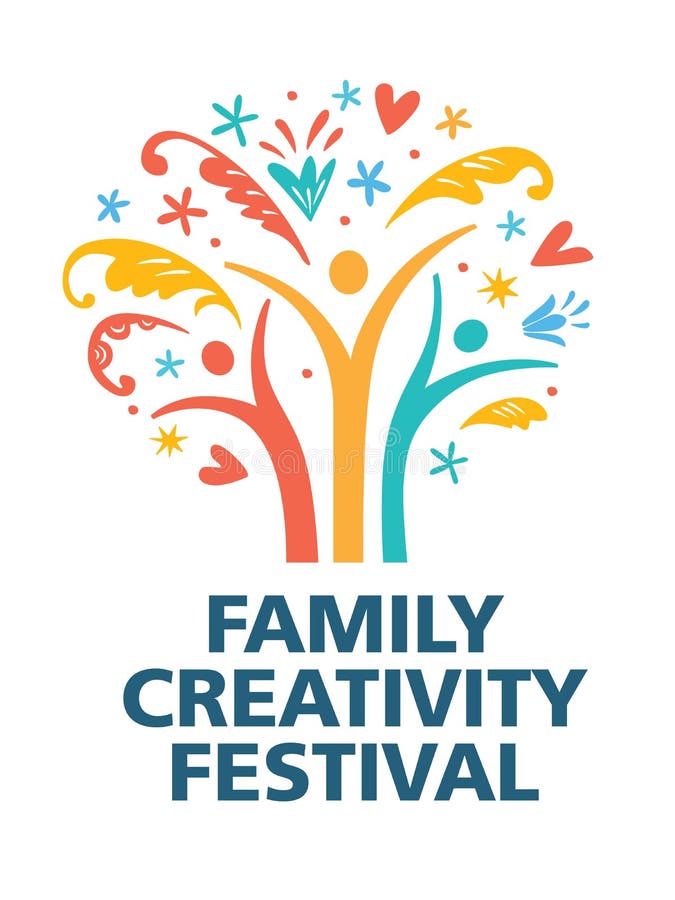 Family creativity logo. Three figures in the form of a tree. Ornaments and decorative elements fly away