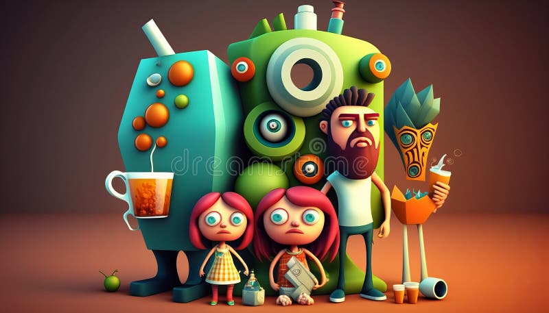 3D Cartoon Colorful Crazy Family. AI generative. Stock Photo