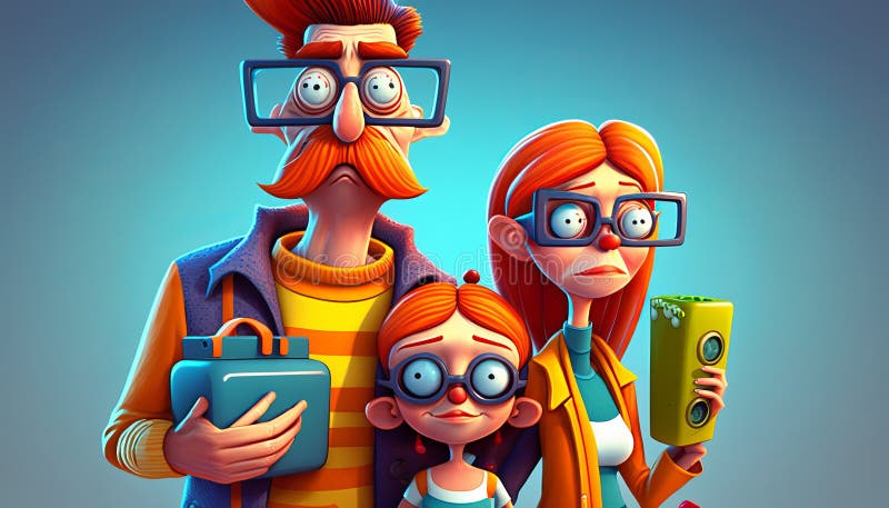 3D Cartoon Colorful Crazy Family. AI generative. Stock Photo