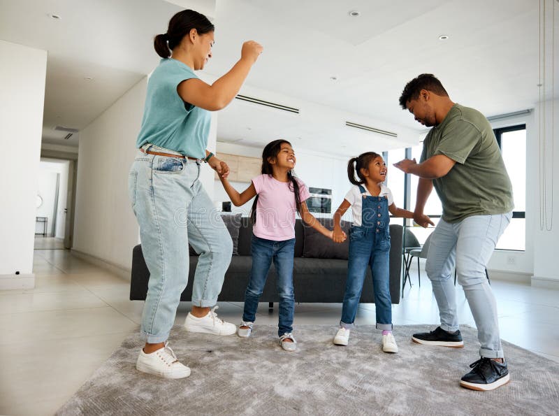 Family dancing, happy house and parents teaching children to dance, moving to music together and smile for love in home