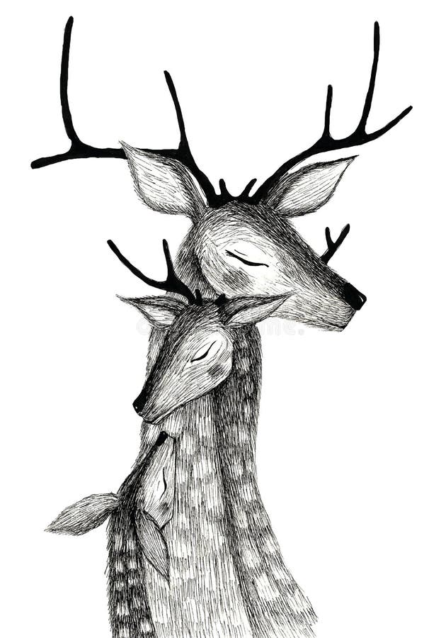 Vector illustration with deer and flowers. Imitation pencil drawing, black  and white tattoo. Stock Vector | Adobe Stock