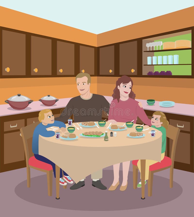 Illustration of a family eating a meal in their home kitchen. Illustration of a family eating a meal in their home kitchen.