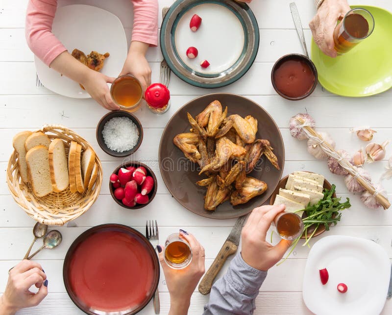 Family Dinner with Roasted Chicken Wings Stock Image Image of tasty