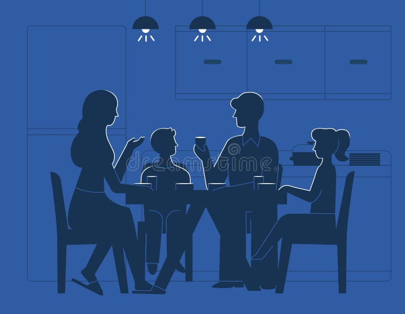 Family at dinner table vector illustration. Silhouettes of mother, father and son with daughter kids drinking tea or eating, sitting together on chairs in kitchen at evening