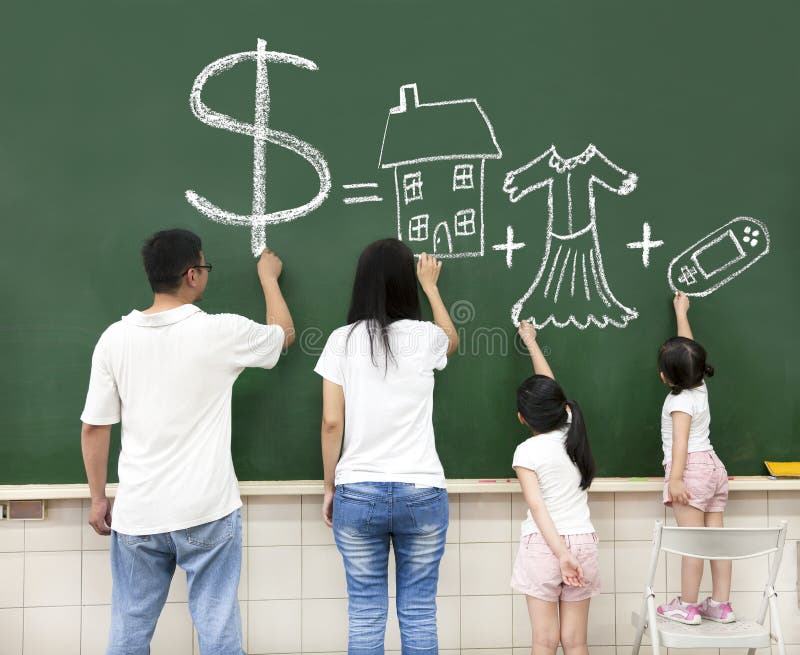 Family drawing money house clothes and video game symbol on the chalkboard