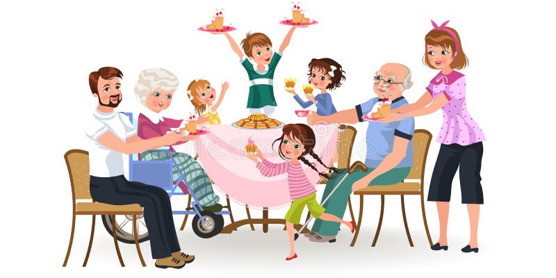 Family eating dinner at home, happy people eat food together, mom and dad treat grandfather sitting by dining table, girl takes care of old grandmother, children hold cakes vector illustration.