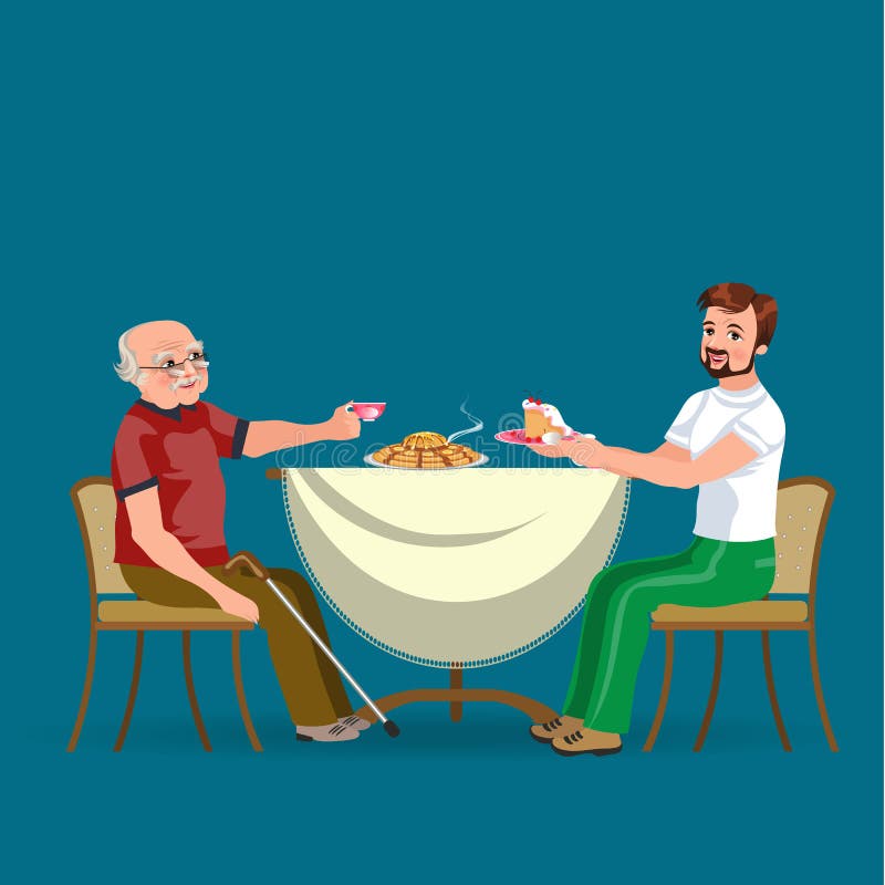 Family eating dinner at home, happy people eat food together, son and dad treat grandfather sitting by dining table, sanior man hold cap of tee, father vector illustration.