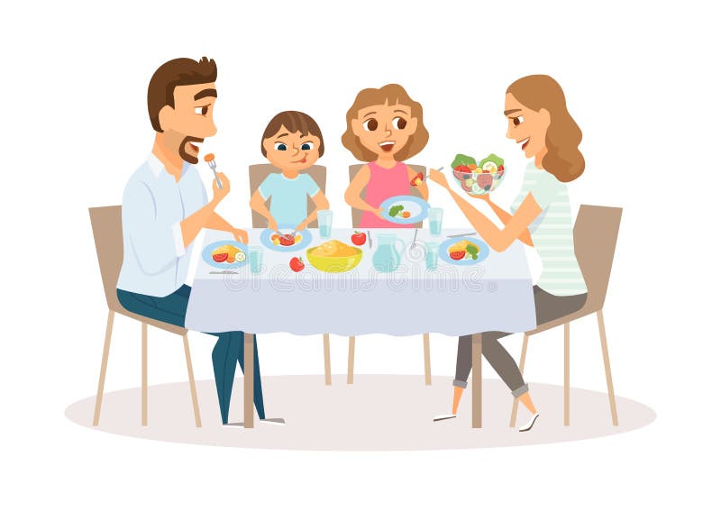 Family eating meal around kitchen table. Happy daddy, mom and their two kids sitting eating healthy lunch in home or restaurant. Diner parents and children smile and laughing together.