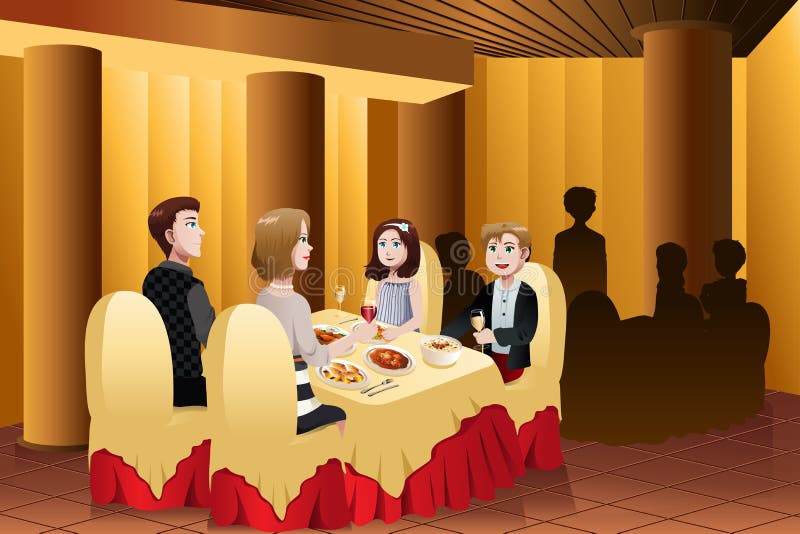 A vector illustration of happy family eating out in a restaurant