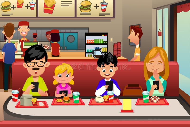 A vector illustration of Family Busy with their electronic device while Eating Out in the Restaurant. A vector illustration of Family Busy with their electronic device while Eating Out in the Restaurant