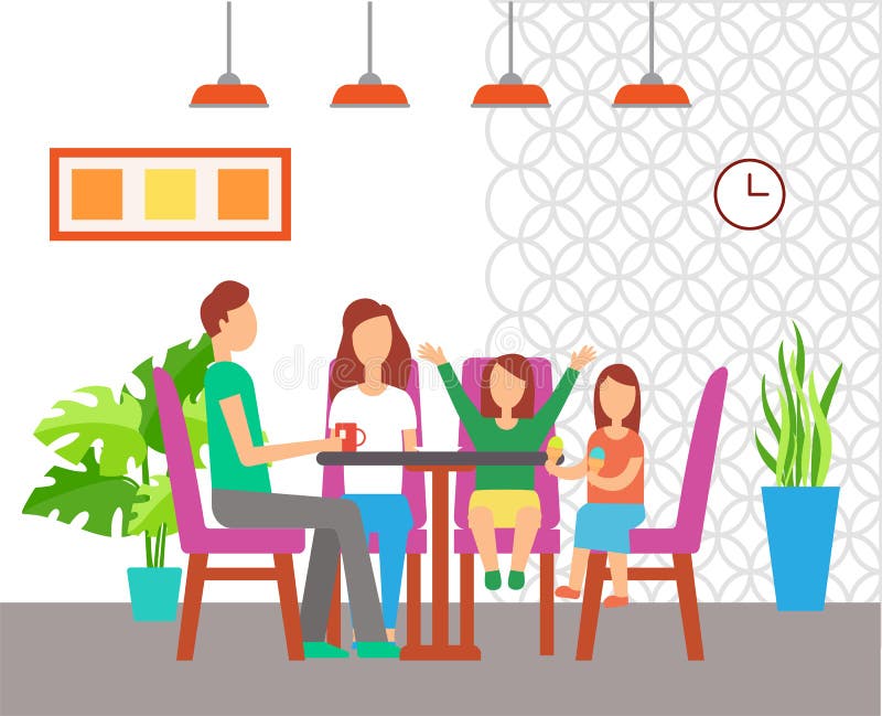 Cafe interior design, family eating out at table vector. Cafeteria furniture, chairs and indoor plants, lamp and picture, wall clock, drinking tea. Cafe interior design, family eating out at table vector. Cafeteria furniture, chairs and indoor plants, lamp and picture, wall clock, drinking tea