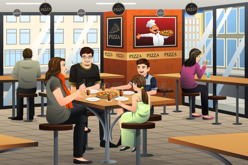 A vector illustration of happy family eating pizza together