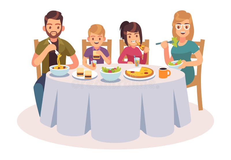 Family eating table. Happy people eat food dinner parents kids father mother daughter son drink lunch talking flat vector illustration