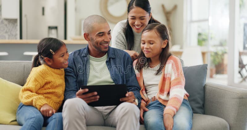 Family Home, Sofa and Parents Streaming on a Tablet with Children ...