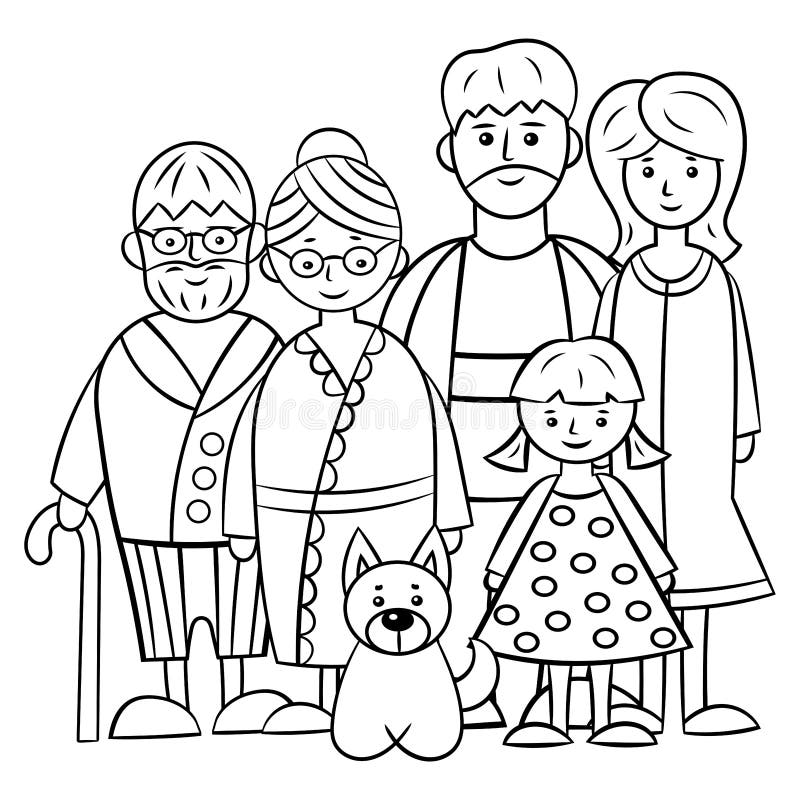 https://thumbs.dreamstime.com/b/family-five-dog-coloring-page-grandma-grandpa-mom-dad-daughter-children-adults-vector-illustration-183740835.jpg