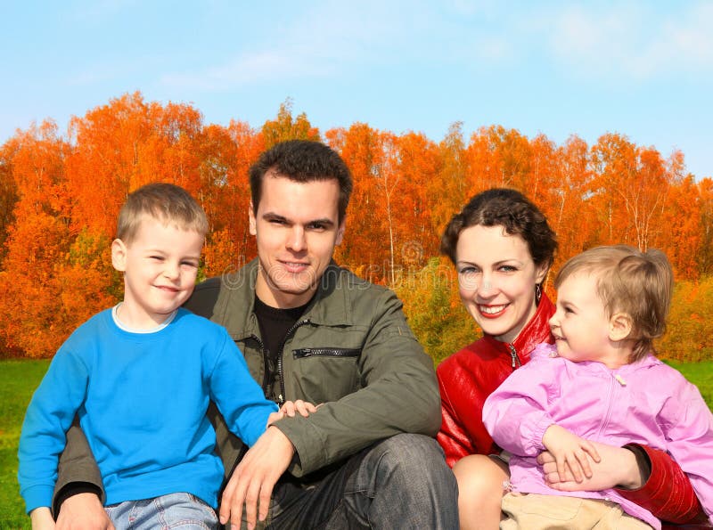 Family of four in autumnal park collage