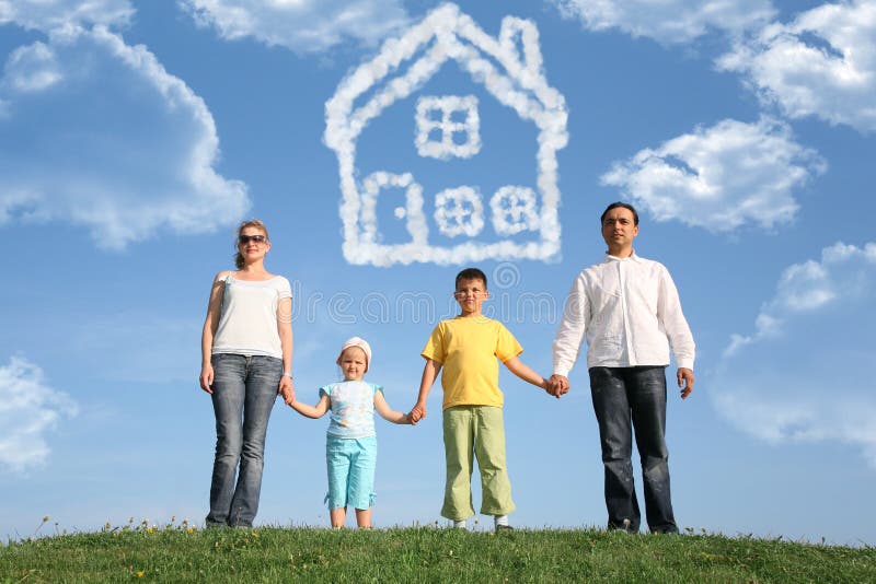 Family of four dreams about the house, collage stock image Family of four dreams about the house, collage stock image
