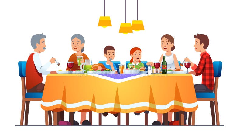 Big happy family dining together celebrating thanksgiving with turkey, wine. Grandparents, parents, kids eating together sitting at full laid table smiling, talking. Flat vector character illustration. Big happy family dining together celebrating thanksgiving with turkey, wine. Grandparents, parents, kids eating together sitting at full laid table smiling, talking. Flat vector character illustration