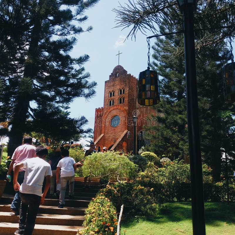 Family going to Caleruega, Church surrounded by pine trees