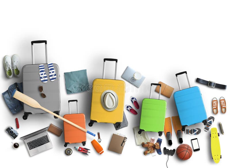Family is going on a trip, five colored suitcases with clothes stock image Family is going on a trip, five colored suitcases with clothes stock image