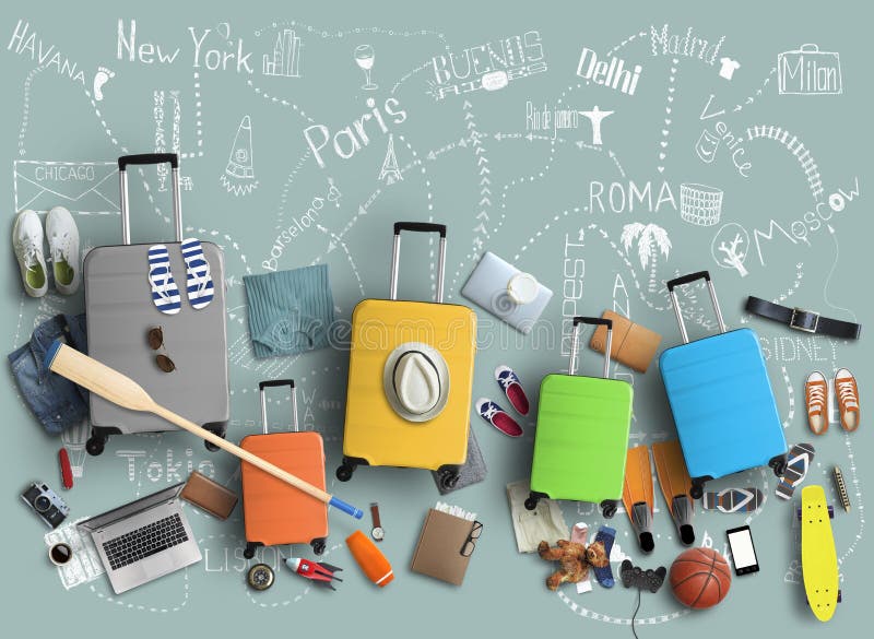 Family is going on a trip, five colored suitcases with clothes stock images Family is going on a trip, five colored suitcases with clothes stock images