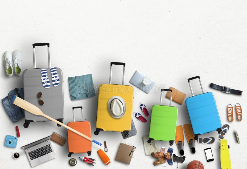 Family is going on a trip, five colored suitcases with clothes and accessories royalty free stock image Family is going on a trip, five colored suitcases with clothes and accessories royalty free stock image