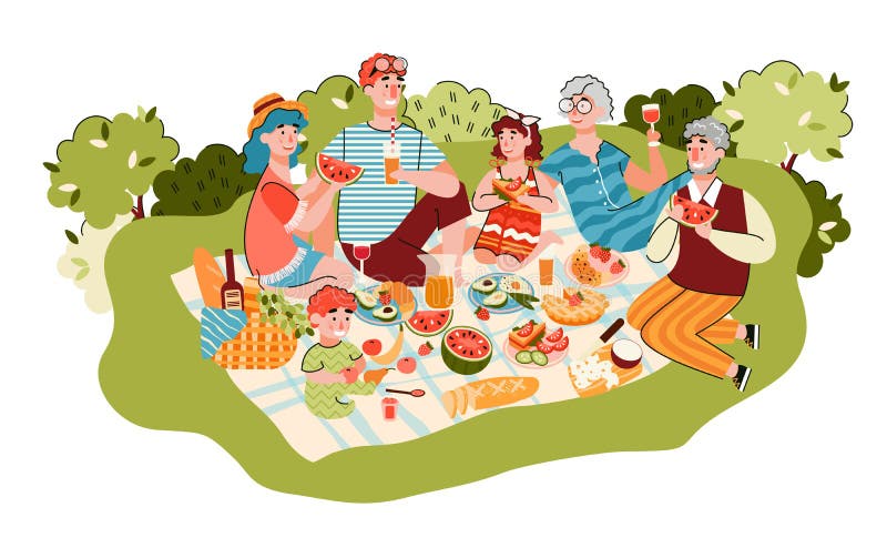Family with Grandparents Having Picnic, Cartoon Vector Illustration  Isolated. Stock Vector - Illustration of barbecue, grandparents: 196227519