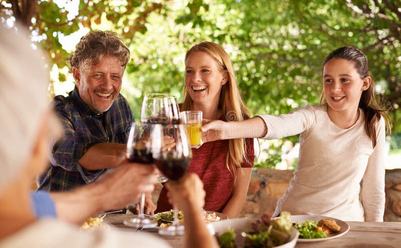 Family, Group and Wine Glass for Toast at Table for Celebration, Food ...