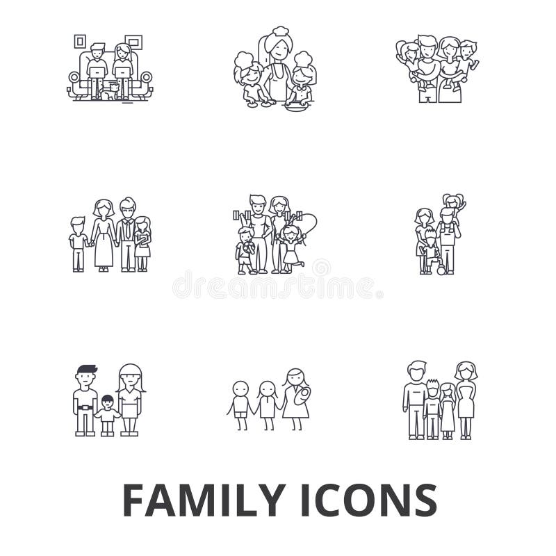 Family, happieness, home, fun, couple, family tree, family portrait, vacation line icons. Editable strokes. Flat design vector illustration Family, happieness, home, fun, couple, family tree, family portrait, vacation line icons. Editable strokes. Flat design vector illustration