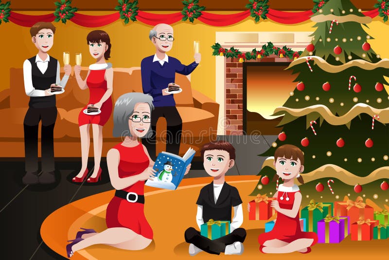 A vector illustration of happy family having a Christmas party together