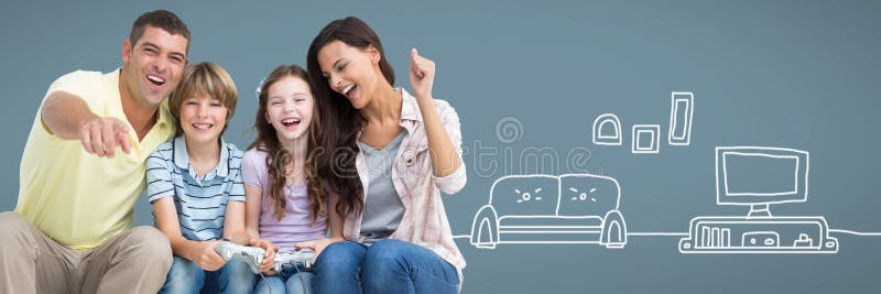 Digital composite of Family having fun together with television and couch drawings