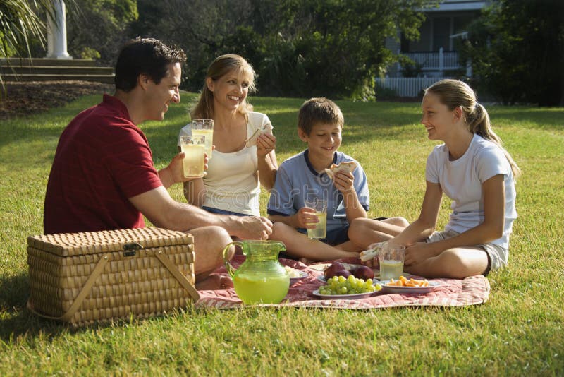 Kaukasisch Familie aus vier mit Picknick im.