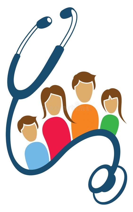 Un stethaocope circonda questa famiglia in una icona con il logo per medici e professionisti della salute.