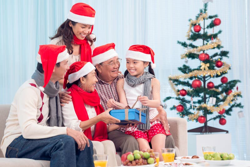 Family holiday. Portrait of happy family members in Santa caps on Christmas eve royalty free stock image