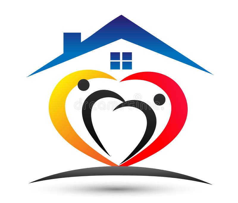 Family home, house logo, family union happy love heart shaped family care logo on white background