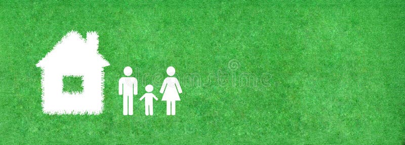 Family and home icon on green artificial grass. stock photo
