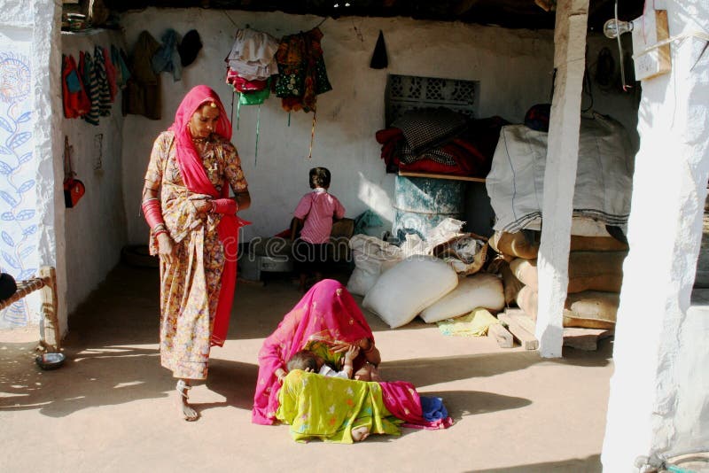 Family in Indian village stock photo