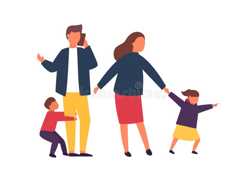 Family with kids. Tired parents with naughty children. Couple of people with babies. Vector illustration. Family with kids. Tired parents with naughty children. Couple of people with babies. Vector illustration.
