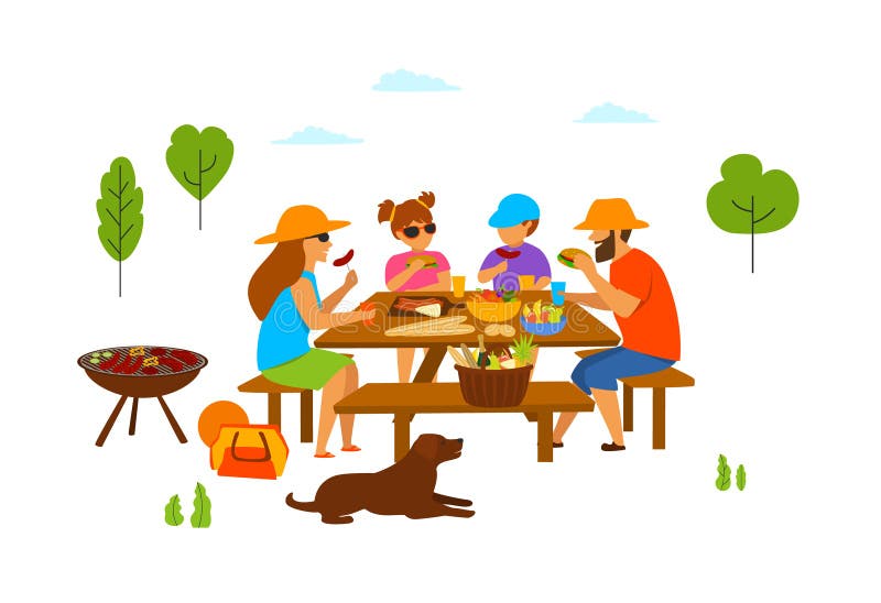 Family with kids and dog at a picnic in the park, eating, grilling, make bbq, isolated vector illustration scene