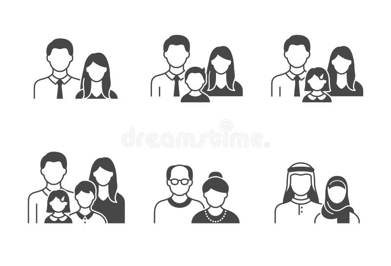 Family with kids, people avatar flat icons. Vector illustration included icon as man, female head, muslim, senior