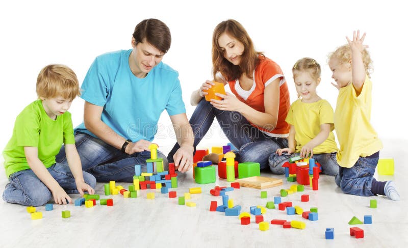 Family and Kids Playing Building Blocks, Parents Children Toys stock photography Family and Kids Playing Building Blocks, Parents Children Toys stock photography
