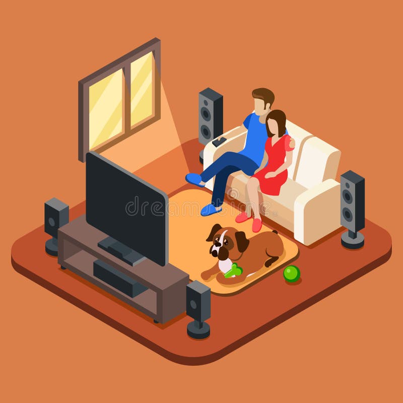 Family in the living room watching TV. 3d isometric people concept. Television and sofa, sitting together watching tv, watching television, family with dog looking television. Vector illustration