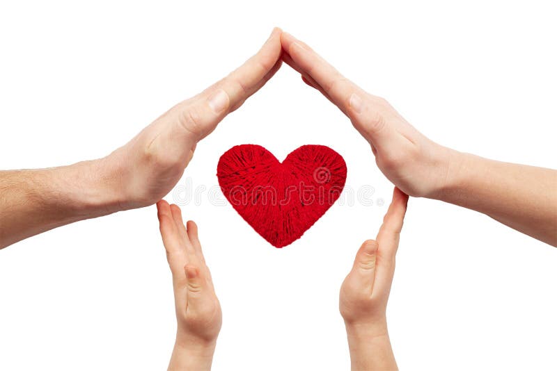 Family love. Hands of parents and child around a red heart isolated on white background