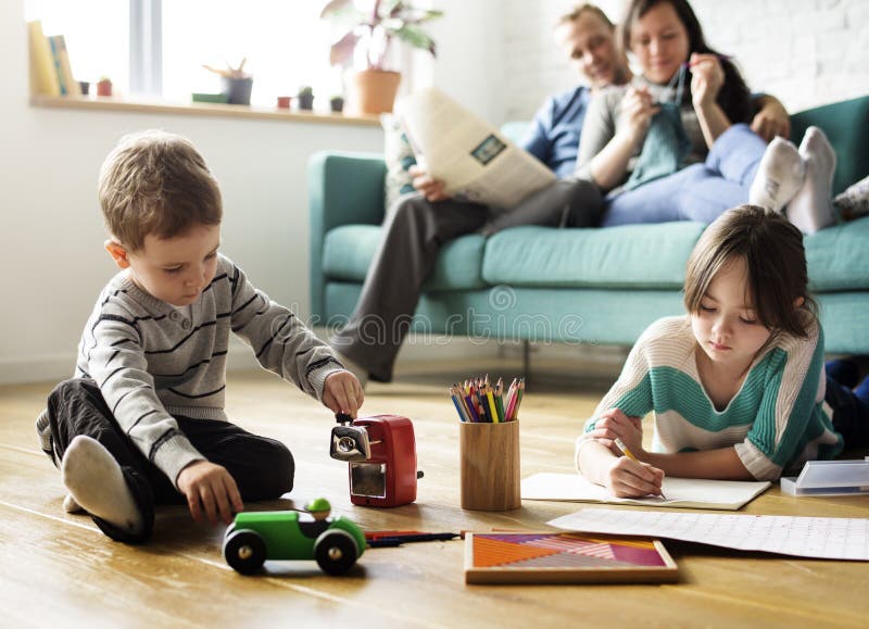 Family Love Parents Supervise Little Children