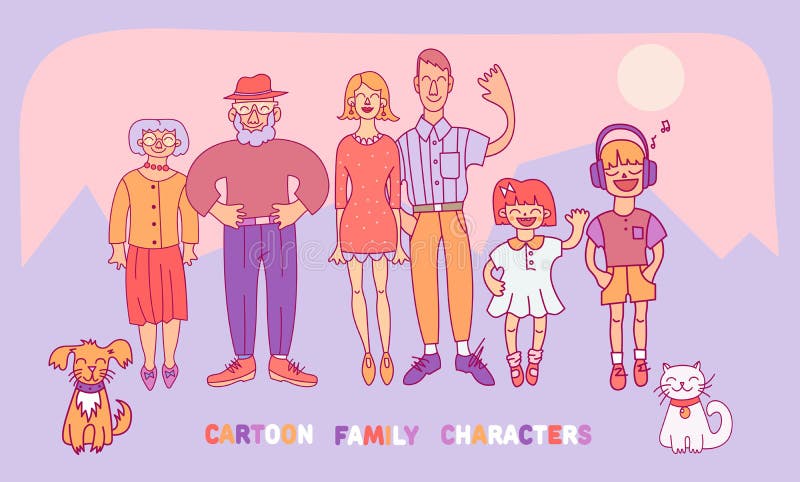 Family: mom, dad, son, daughter, grandmother, grandfather, dog and cat. Vector illustrations in cartoon style stock illustration Family: mom, dad, son, daughter, grandmother, grandfather, dog and cat. Vector illustrations in cartoon style stock illustration