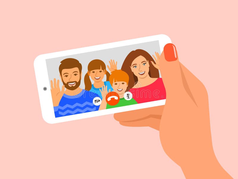 Young girl chatting with her friends and family online by video call app  with laptop. Group chatting, Social media technology concept illustration.  Flat design style cartoon character. Stock Vector